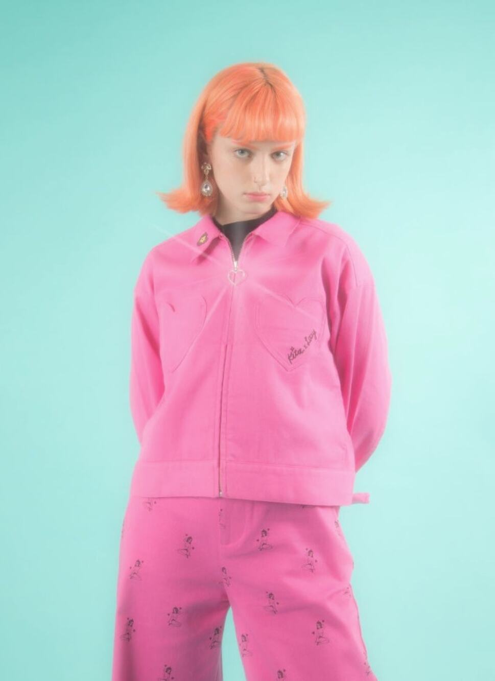 Lazy Oaf Kita Pink Heart Pinup Girl 2 PC Jacket Denim Jean Pants Set Small/24